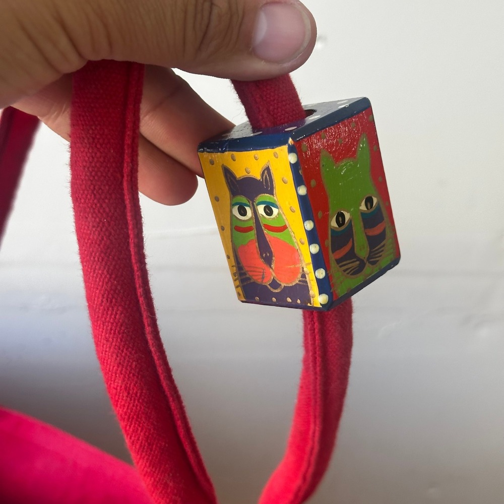 Laurel Burch Canvas Tote Bag Red Blue Three Cats Sequin Embroidered Shoulder Bag - Picture 14 of 16
